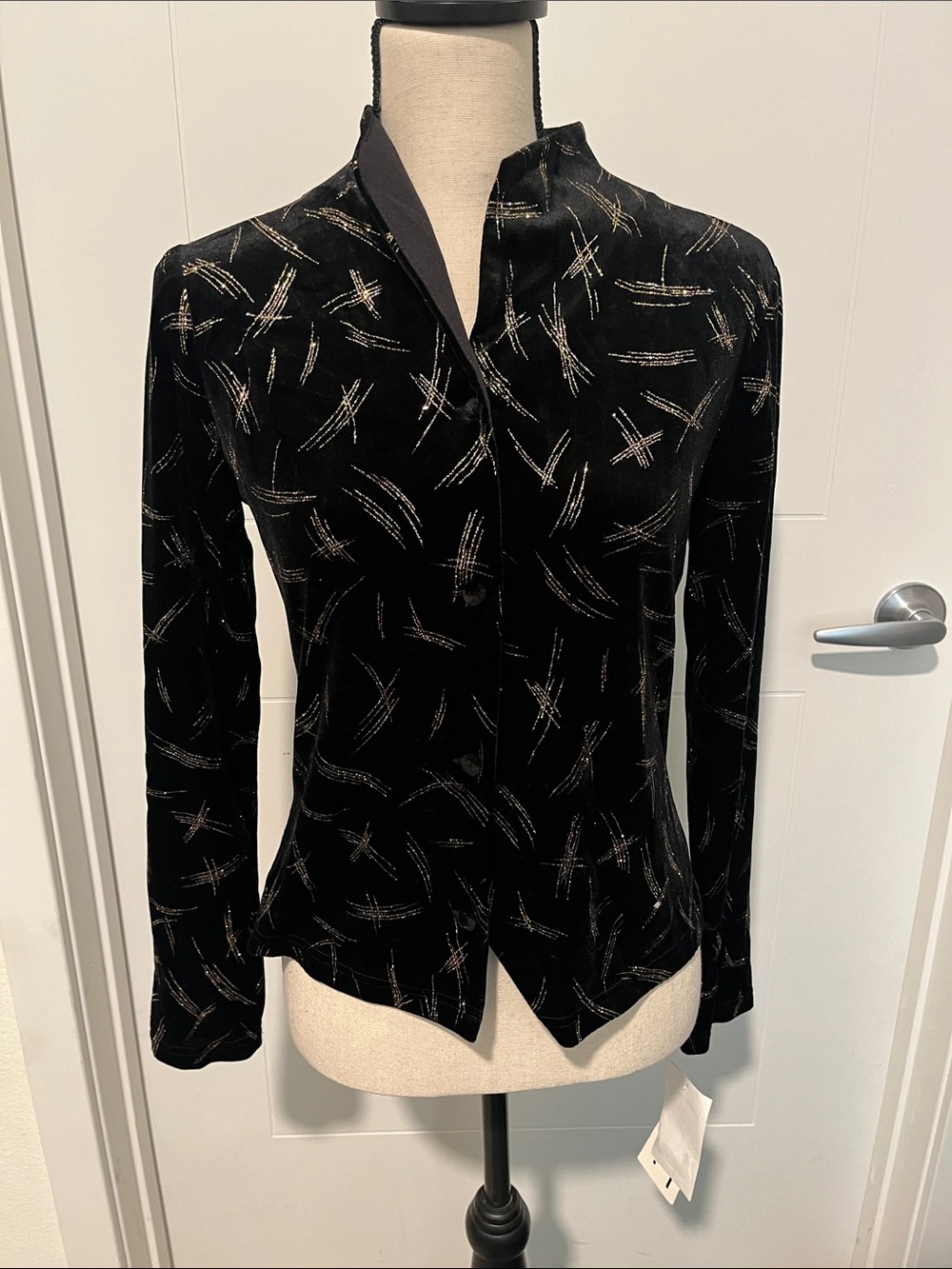 Vintage Black Velvet Metallic Patterned Button Top Whimsigoth Emo Goth Grunge